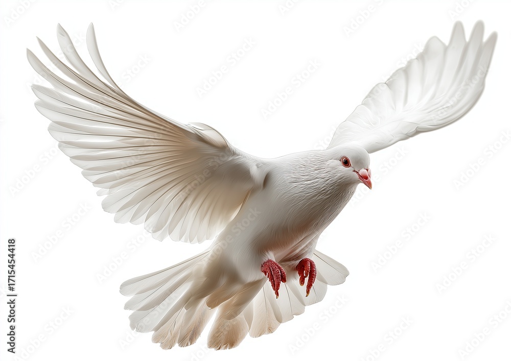 Fototapeta premium Abstract concept of white dove in flight on clean white background, photorealistic hyper detailed rendering symbolizing peace, freedom, purity, spiritual balance, and artistic serenity.