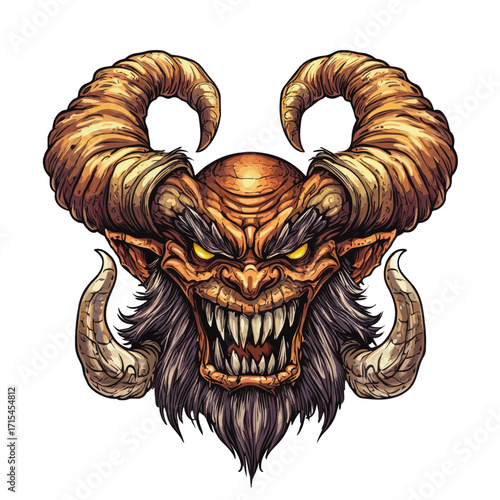  Golden Horned Demon Head Illustration | Fierce Fantasy Monster Vector Art