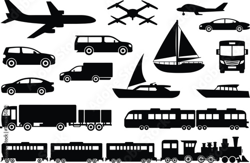 Transportation icons, airplane, drone, car, bus, train, boat, silhouette vector, black graphic, travel symbols, vehicle illustration, design elements