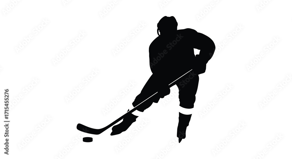 Fototapeta premium Silhouette of a hockey player in action with puck and stick