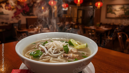 Delicious bowl of pho cozy restaurant food photography indoor dining close-up view vietnamese cuisine experience