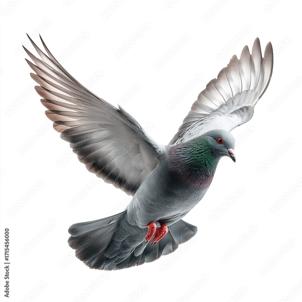 Fototapeta premium Gray pigeon with wings fully extended in flight, isolated on white background, detailed feathers, capturing motion, elegance, freedom, and realistic airborne grace.