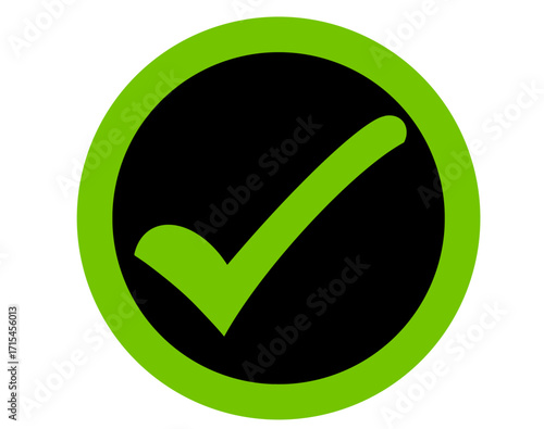 Green check mark inside a black circle with a green border on a transparent background