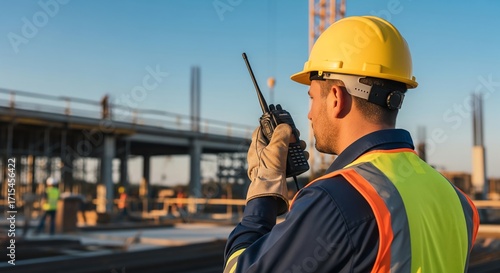 Construction worker using walkie-talkie, safety equipment, building site