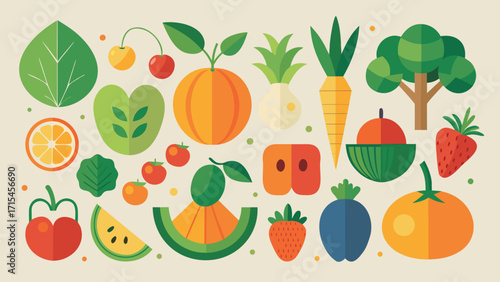 Vibrant flat design assortment of fresh fruits and vegetables