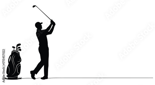 Silhouette of a golfer completing a swing with golf bag nearby