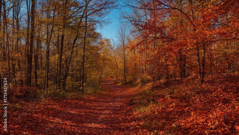 Obraz premium A sun-drenched woodland path winds through a vibrant autumn landscape, ablaze with fiery reds and golden hues.