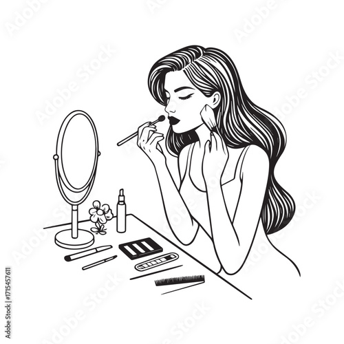 Black and white line art of a beautiful woman doing makeup at dressing table with mirror illustration