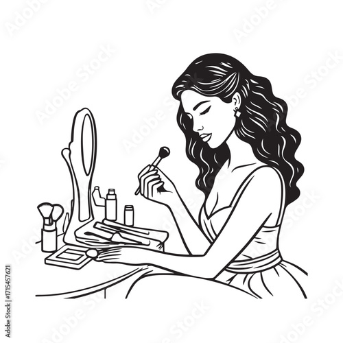 Black and white line art of a beautiful woman doing makeup at dressing table with mirror illustration