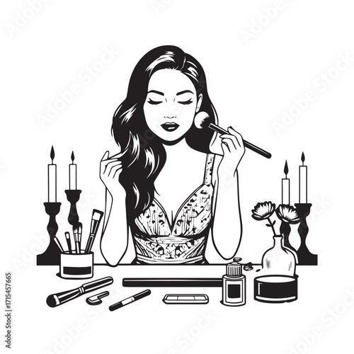 Black and white line art of a beautiful woman doing makeup at dressing table with mirror illustration