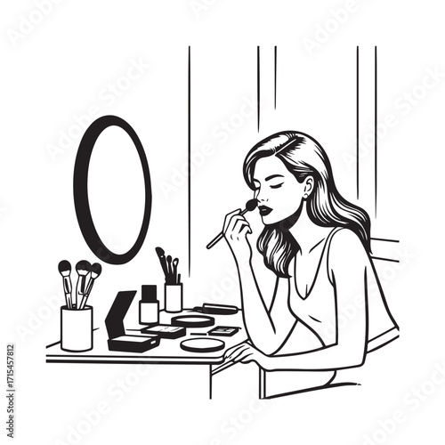 Black and white line art of a beautiful woman doing makeup at dressing table with mirror illustration