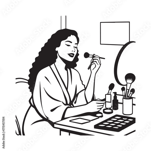 Black and white line art of a beautiful woman doing makeup at dressing table with mirror illustration