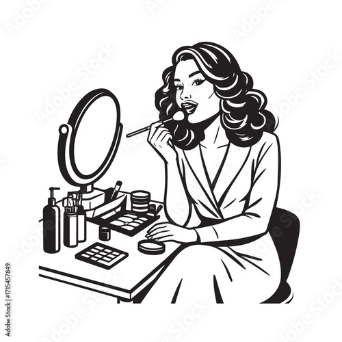 Black and white line art of a beautiful woman doing makeup at dressing table with mirror illustration