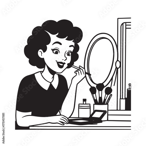 Black and white line art of a beautiful woman doing makeup at dressing table with mirror illustration
