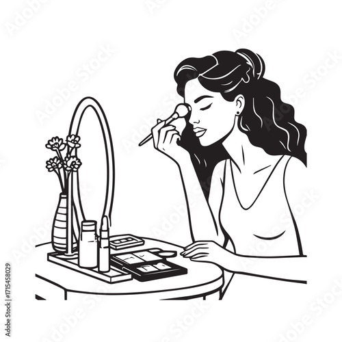 Black and white line art of a beautiful woman doing makeup at dressing table with mirror illustration