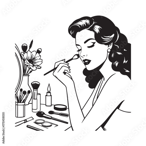 Black and white line art of a beautiful woman doing makeup at dressing table with mirror illustration