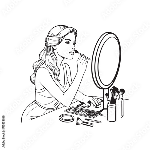 Black and white line art of a beautiful woman doing makeup at dressing table with mirror illustration