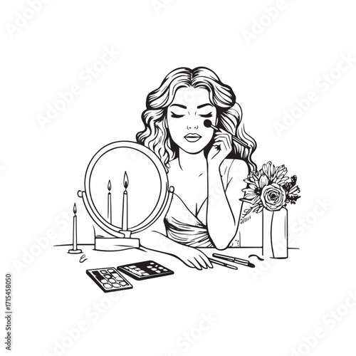 Black and white line art of a beautiful woman doing makeup at dressing table with mirror illustration