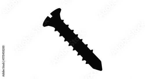 A simple black silhouette of a single wood screw on white background