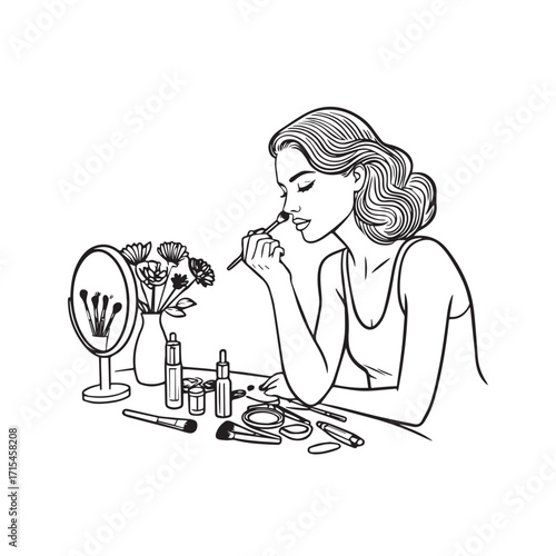 Black and white line art of a beautiful woman doing makeup at dressing table with mirror illustration