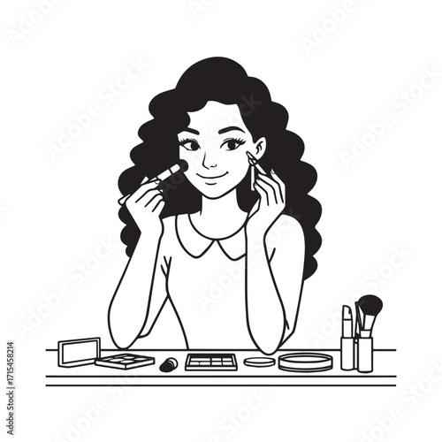 Black and white line art of a beautiful woman doing makeup at dressing table with mirror illustration
