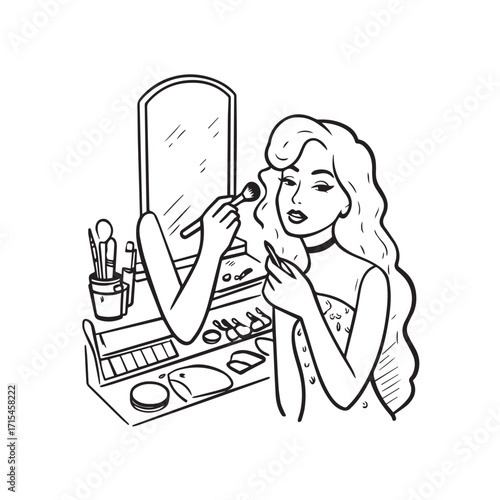 Black and white line art of a beautiful woman doing makeup at dressing table with mirror illustration