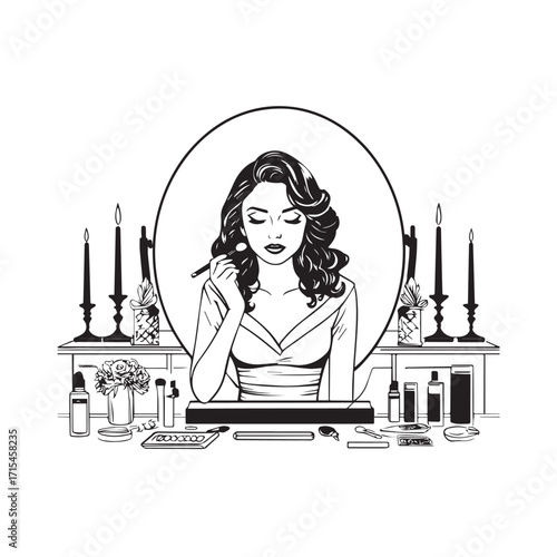 Black and white line art of a beautiful woman doing makeup at dressing table with mirror illustration