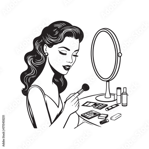 Black and white line art of a beautiful woman doing makeup at dressing table with mirror illustration