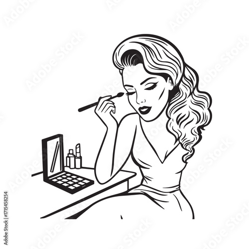 Black and white line art of a beautiful woman doing makeup at dressing table with mirror illustration