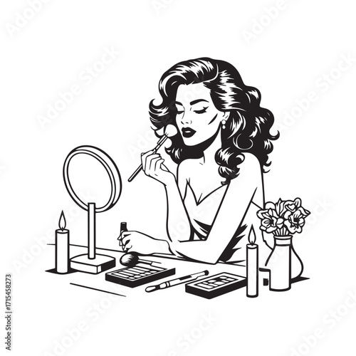 Black and white line art of a beautiful woman doing makeup at dressing table with mirror illustration