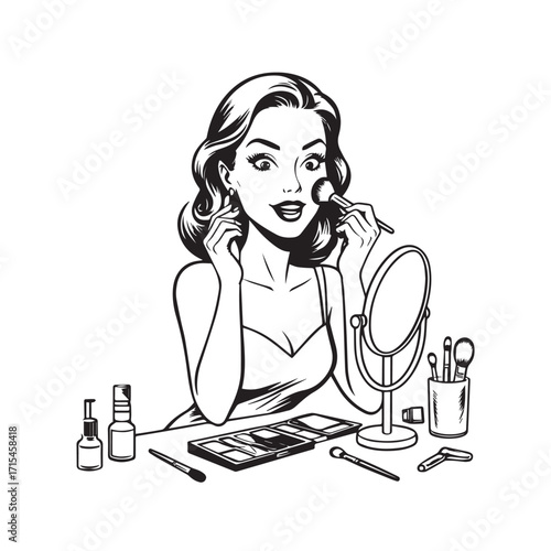Black and white line art of a beautiful woman doing makeup at dressing table with mirror illustration