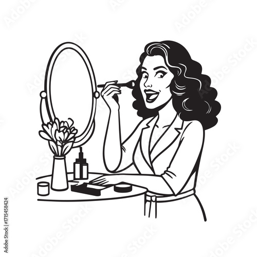 Black and white line art of a beautiful woman doing makeup at dressing table with mirror illustration