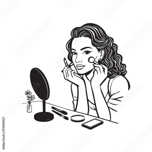 Black and white line art of a beautiful woman doing makeup at dressing table with mirror illustration