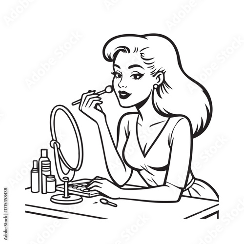 Black and white line art of a beautiful woman doing makeup at dressing table with mirror illustration