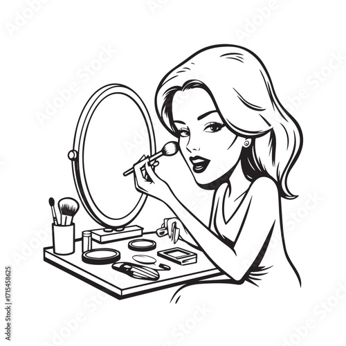 Black and white line art of a beautiful woman doing makeup at dressing table with mirror illustration