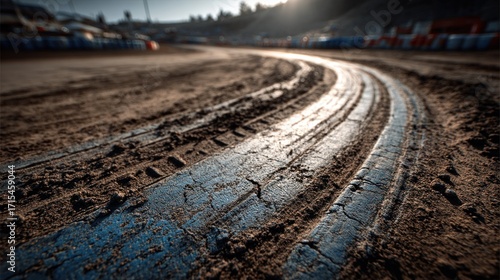 Gritty race track surface with tire tracks and blurred background scenery