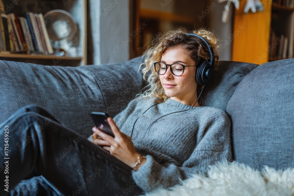 Obraz premium Young woman relaxing in cozy clothes enjoying music through headphones, lying on a comfortable sofa at home in a calm, peaceful mood.