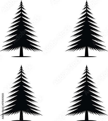 Four pine tree silhouettes, black vector illustration, evergreen icons, forest design elements, Christmas trees, winter nature, minimalist style, holiday graphic, isolated on white background