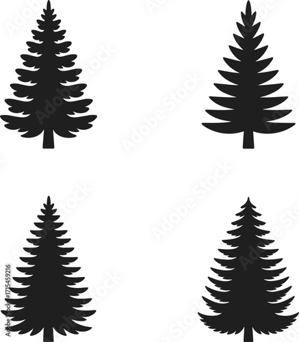 Four pine tree silhouettes, black vector illustration, evergreen icons, forest design elements, Christmas trees, winter nature, minimalist style, holiday graphic, isolated on white background