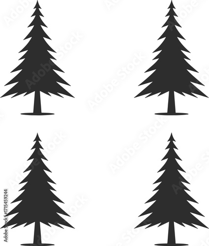 Four pine tree silhouettes, black vector illustration, evergreen icons, forest design elements, Christmas trees, winter nature, minimalist style, holiday graphic, isolated on white background