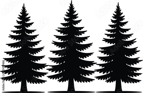 Three pine tree silhouettes, black vector illustration, forest design, nature elements, Christmas trees, winter landscape, evergreen icons, minimalist style, holiday graphic, isolated on white