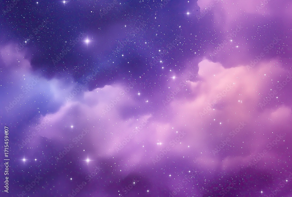 Naklejka premium Magical purple and blue nebula sky with sparkling stars, celestial clouds, and glowing cosmic formations, creating a dreamy fantasy universe suitable for space, galaxy, and sci-fi illustrations.