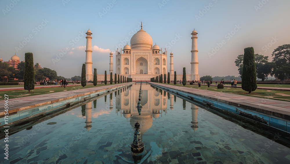 Naklejka premium Majestic sunrise at the taj mahal agra architectural beauty tranquil setting wide view symbol of love