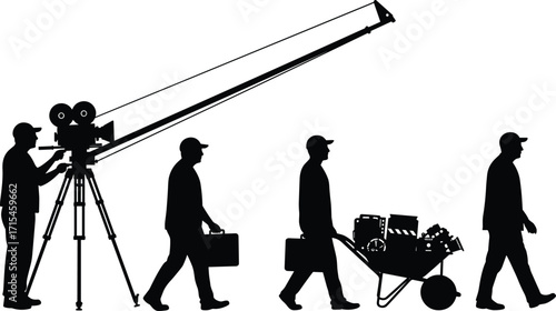 Film crew silhouette, camera operator, equipment transport, production team, behind the scenes, filmmaking setup, cinematic gear, movie shoot, vector illustration, editable