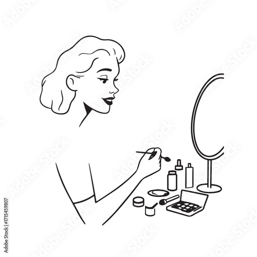 Black and white line art of a beautiful woman doing makeup at dressing table with mirror illustration