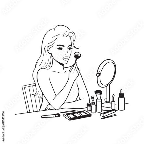 Black and white line art of a beautiful woman doing makeup at dressing table with mirror illustration