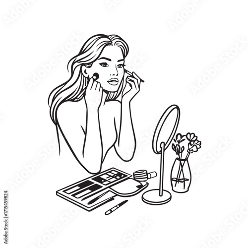 Black and white line art of a beautiful woman doing makeup at dressing table with mirror illustration