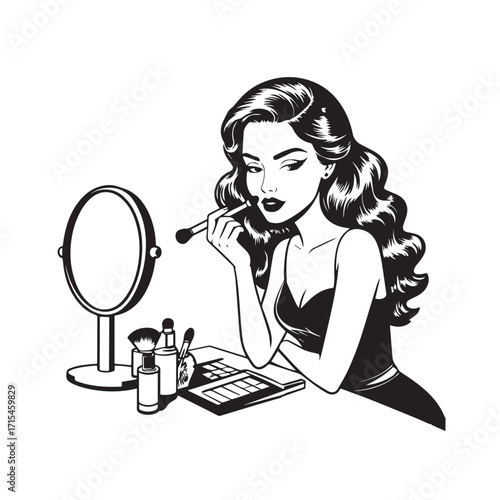 Black and white line art of a beautiful woman doing makeup at dressing table with mirror illustration