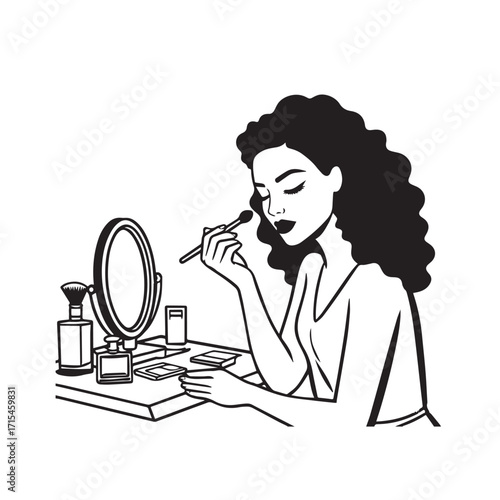 Black and white line art of a beautiful woman doing makeup at dressing table with mirror illustration