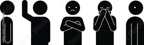 Human emotion pictogram set, black and white vector icons, expressive gestures, social interaction illustration for education, communication, awareness, and graphic design